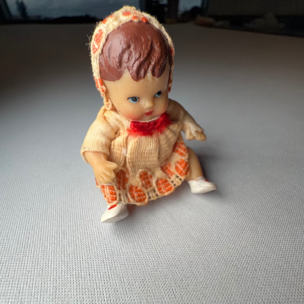 Vintage East Germany Miniature Doll 1.5 in Hand Made Knit Outfit GDR Mid Century